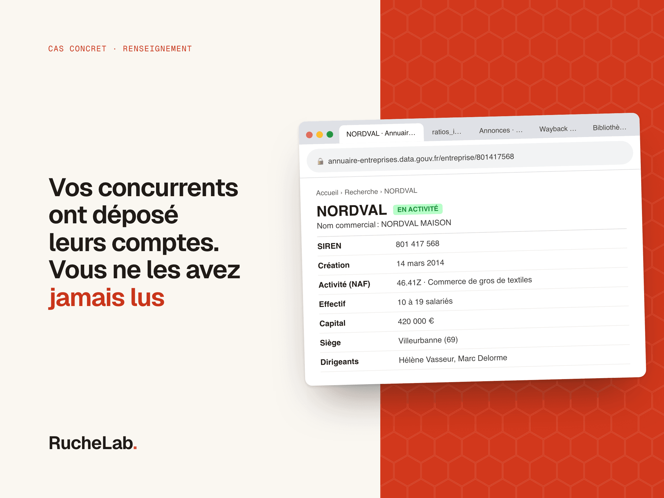 Fausse capture de navigateur : la fiche publique d'une entreprise inventée, Nordval, avec son SIREN, sa date de création et ses dirigeants.