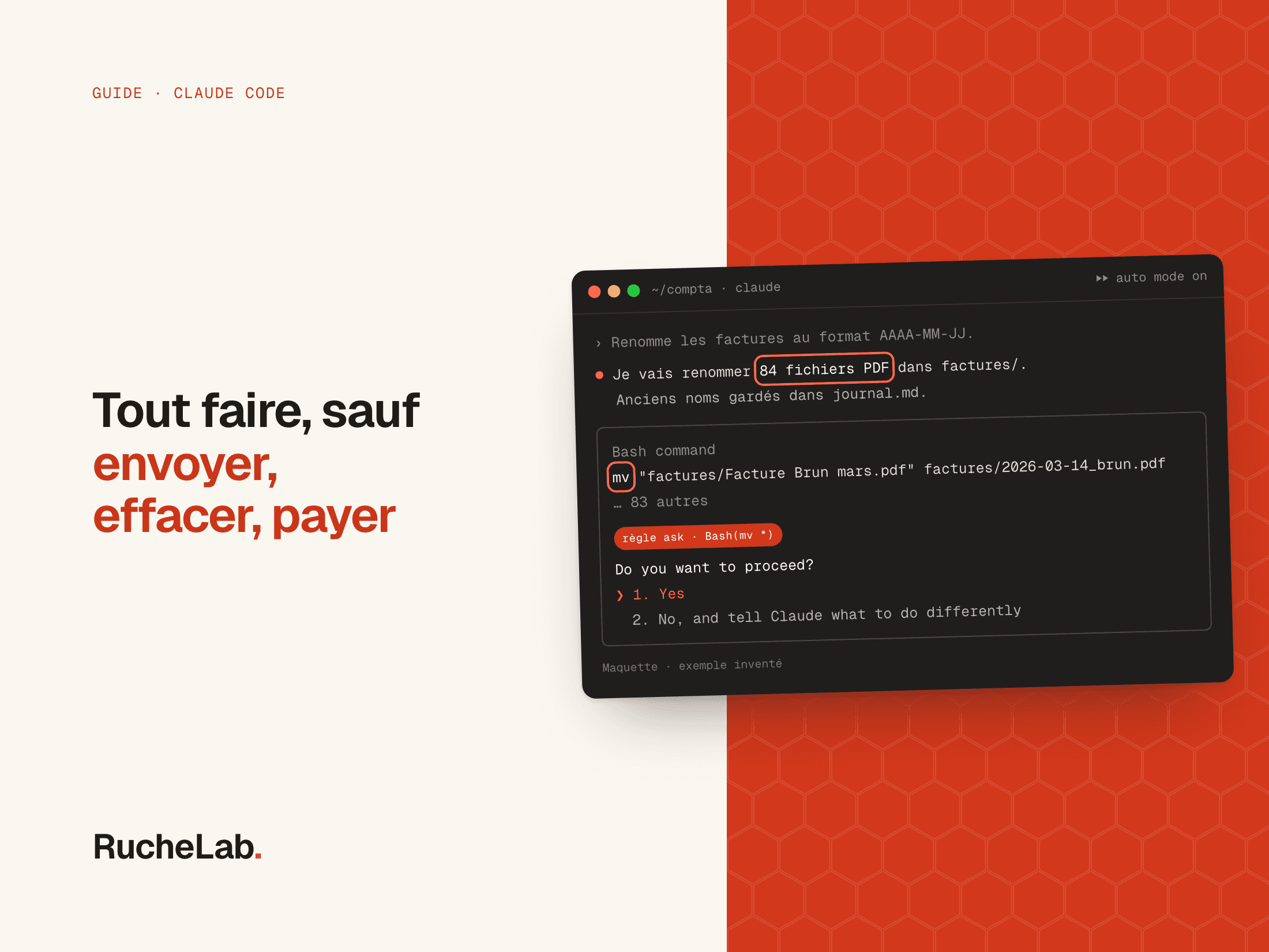 Fausse capture d'un terminal Claude Code qui demande l'autorisation de renommer 84 factures, la commande mv cerclée en rouge avec la mention « règle ask ».