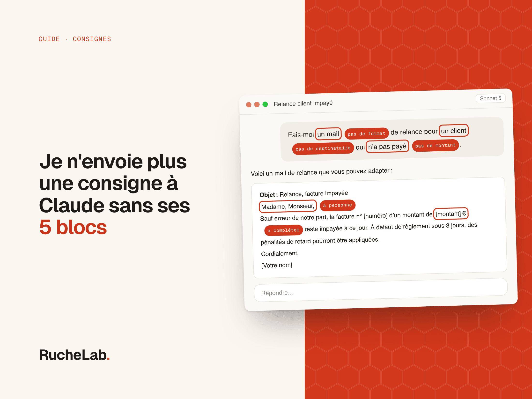 Fausse conversation avec Claude : une consigne d'une ligne, une réponse de relance générique, et les manques cerclés en rouge.
