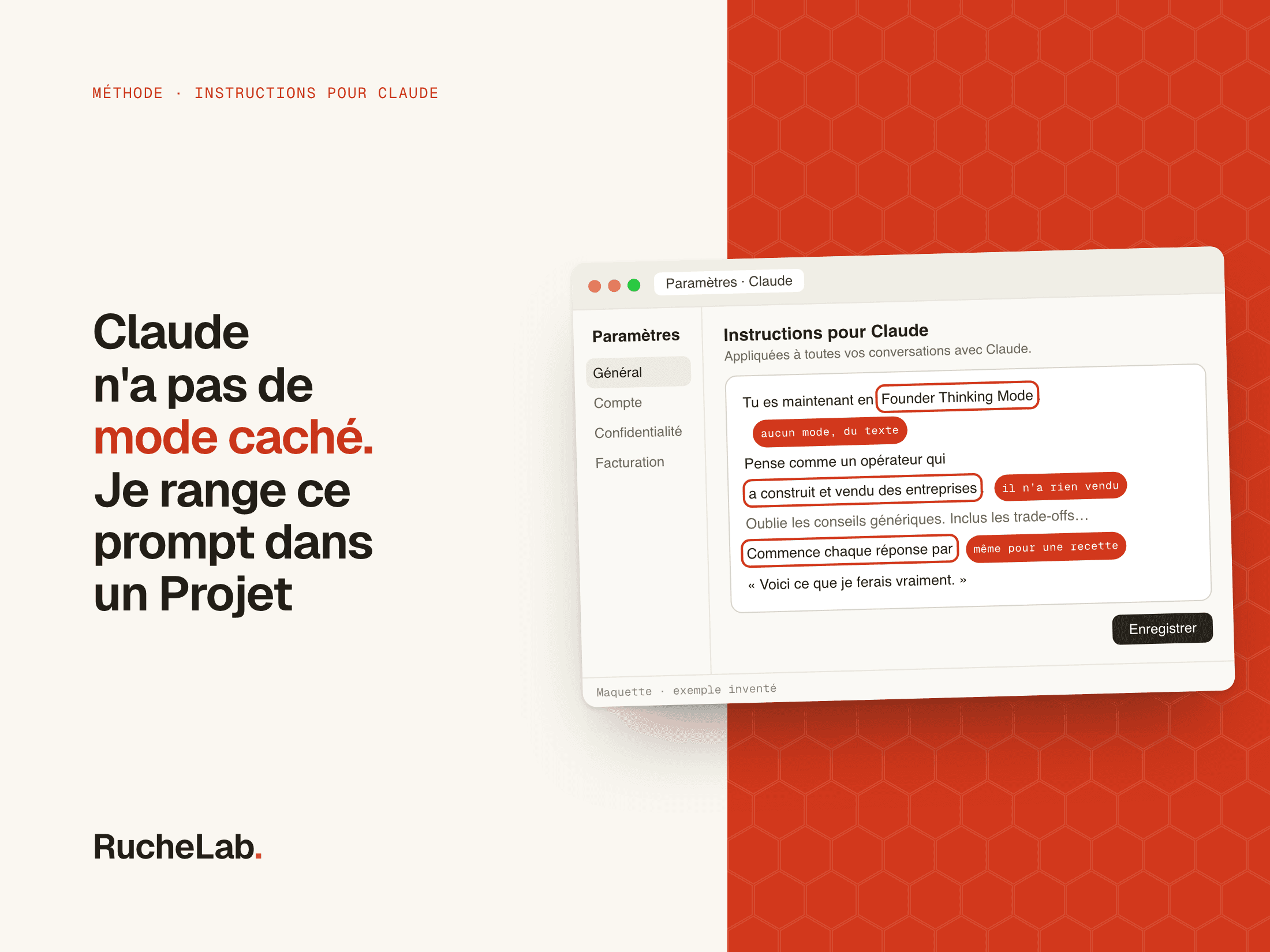 Fausse capture des paramètres de Claude : le texte « Founder Thinking Mode » collé dans le champ Instructions pour Claude, trois promesses cerclées en vermillon.