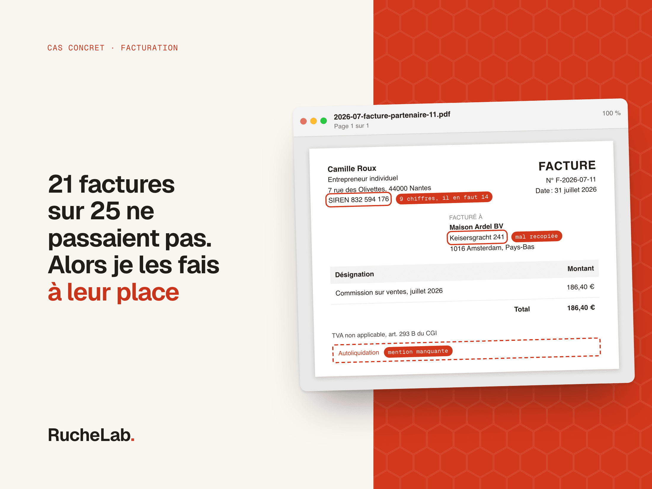 Fausse capture de Gmail : le mail du service comptable qui refuse les factures non conformes, avec les PDF joints.