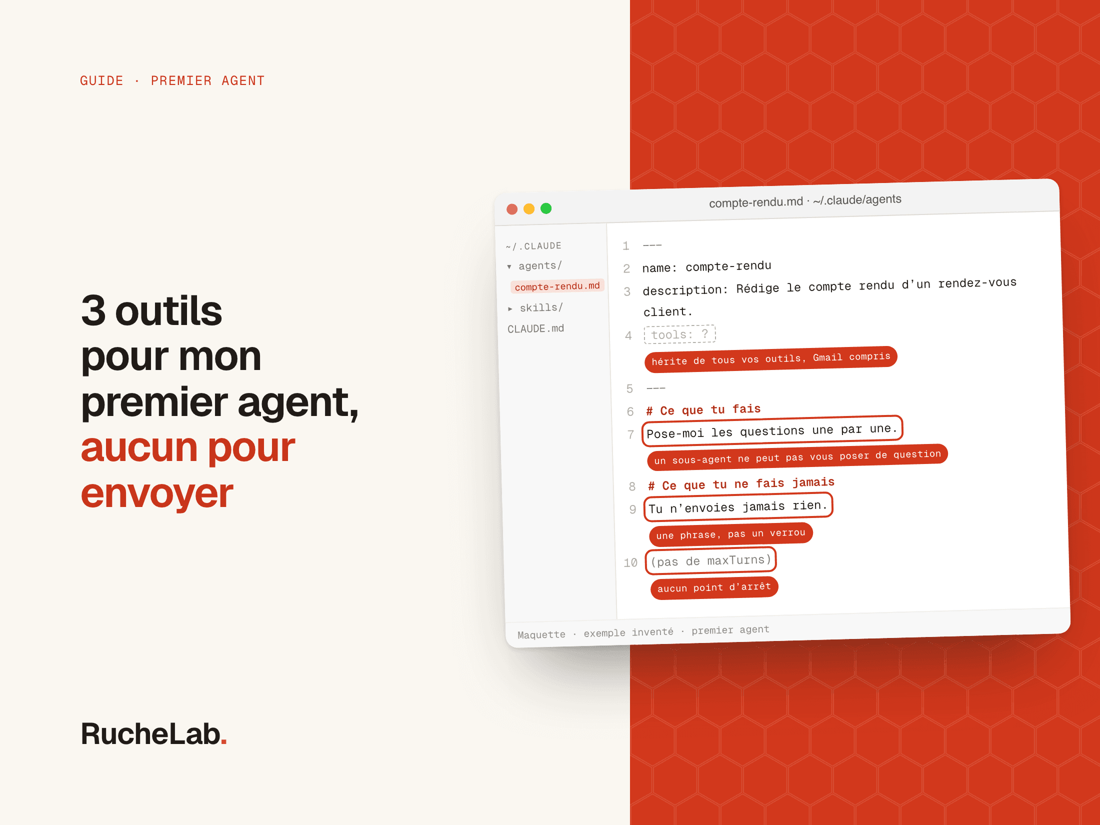 Fausse capture d'un éditeur de texte : le fichier compte-rendu.md d'un agent Claude Code, sans ligne tools, avec trois défauts cerclés en rouge.