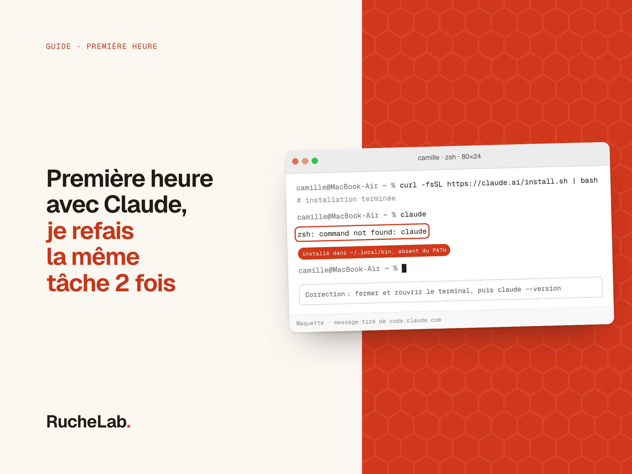 Fausse capture d'une fenêtre de commandes sur Mac, juste après une installation : un message d'erreur cerclé en vermillon.