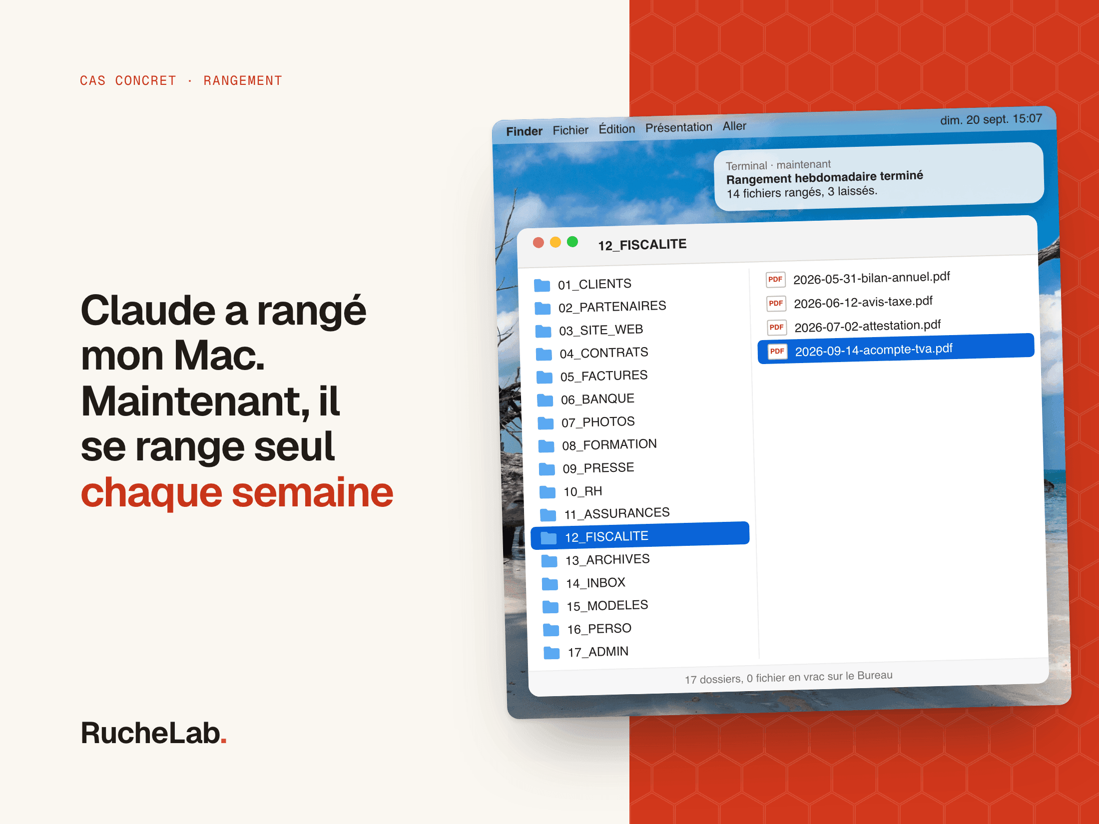 Fausse capture d'un Bureau de Mac sur fond de plage : une fenêtre du Finder avec 17 dossiers numérotés et la notification du rangement du dimanche.