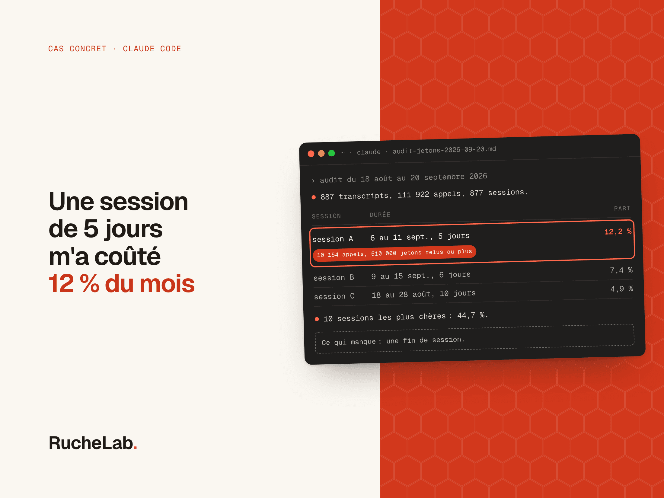 Terminal reconstitué : le tableau des sessions Claude Code les plus chères, la session de 5 jours cerclée en vermillon à 12,2 % du mois.
