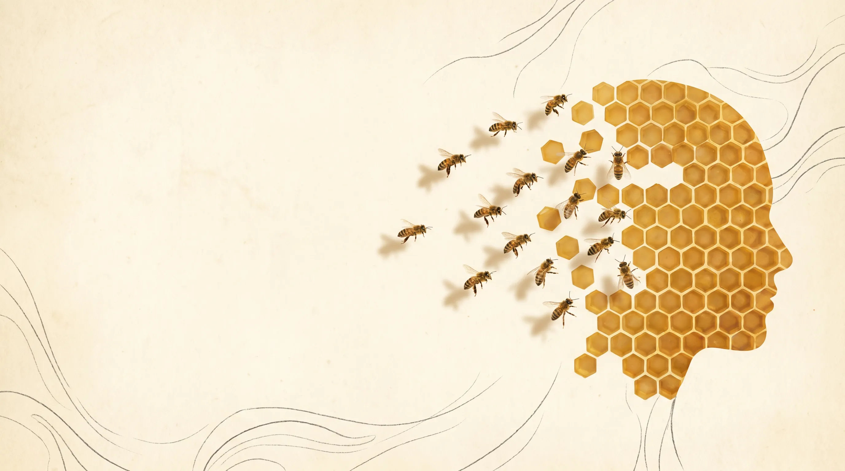 Profil d'un visage en alvéoles de ruche d'où s'envolent des abeilles, illustration RucheLab façon carnet d'atelier da Vinci.